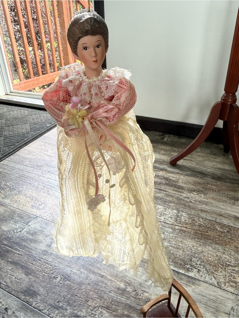 Vintage 5.5" Half Body Porcelain Doll ornament Long Dress Brown Hair